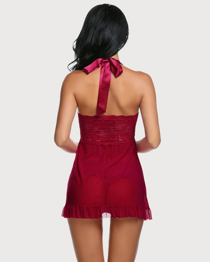 Babydoll mit Spitze, vorne offen, Halter-Nachthemd