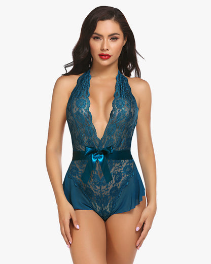 Leopard Spitze Halter V-Ausschnitt Bodysuit