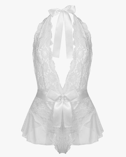 Spitze Teddy Bodysuit Halter V-Ausschnitt Einteiler