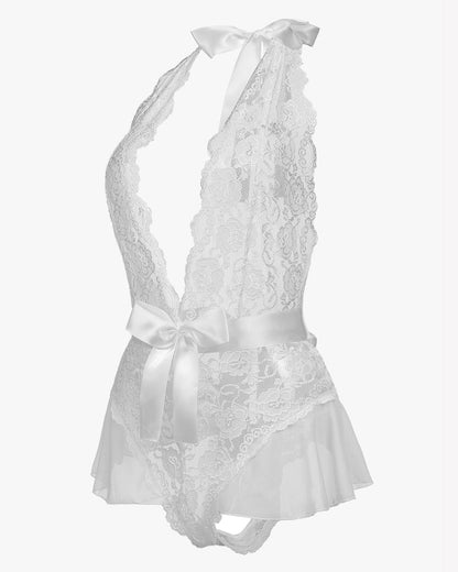 Spitze Teddy Bodysuit Halter V-Ausschnitt Einteiler