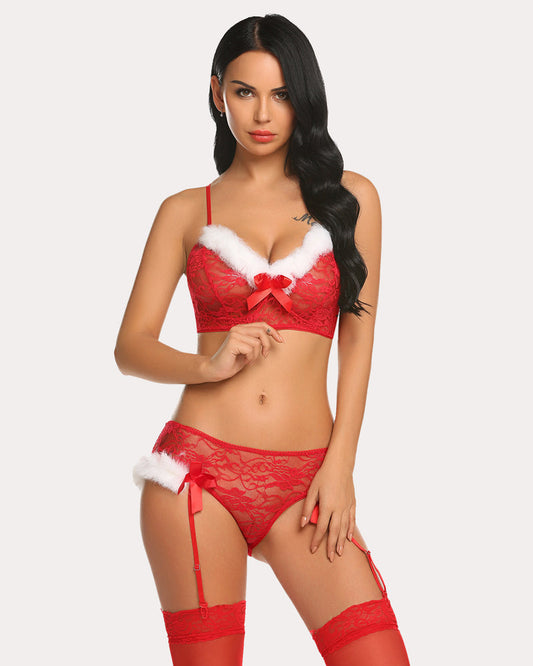 Weihnachtsmann BH und Panty mit Strumpfgürtel Set