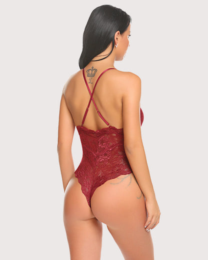Spitze Bodysuit Deep V Teddy mit Schnappverschluss im Schritt