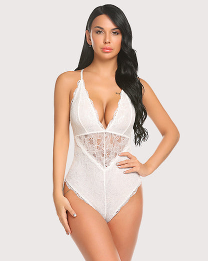 Spitze Bodysuit Deep V Teddy mit Schnappverschluss im Schritt