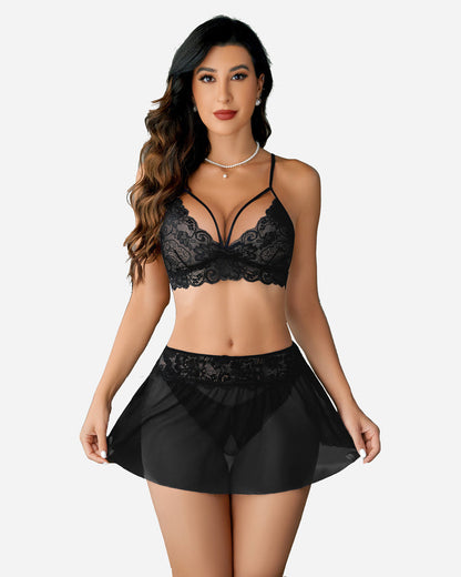3 Stück Sets Spitze Bralette. Rock mit Höschen