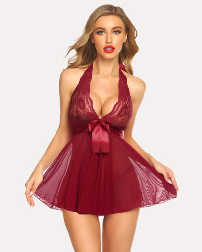 Neckholder-Babydoll aus Spitze mit Strapsgürtel
