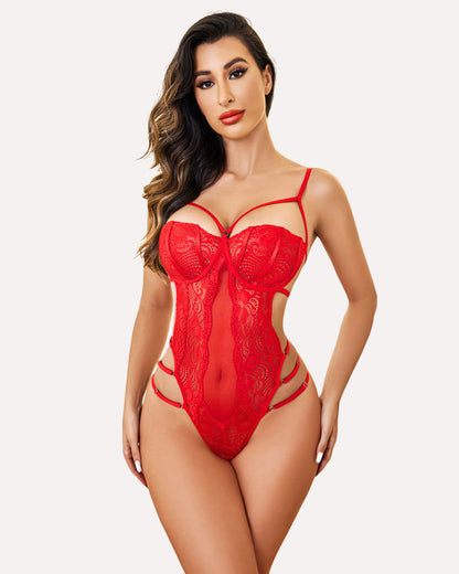 Riemchen-Spitzen-Bodysuit Deep V One Piece