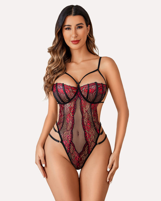 Riemchen-Spitzen-Bodysuit Deep V One Piece