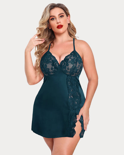 Plus Size Satin Spitze Seite Schlitz Chemise