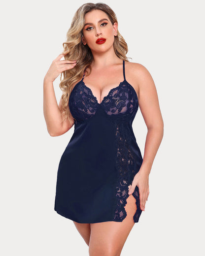 Plus Size Satin Spitze Seite Schlitz Chemise