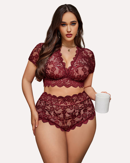Plus Size Set mit floralem Spitzenbesatz