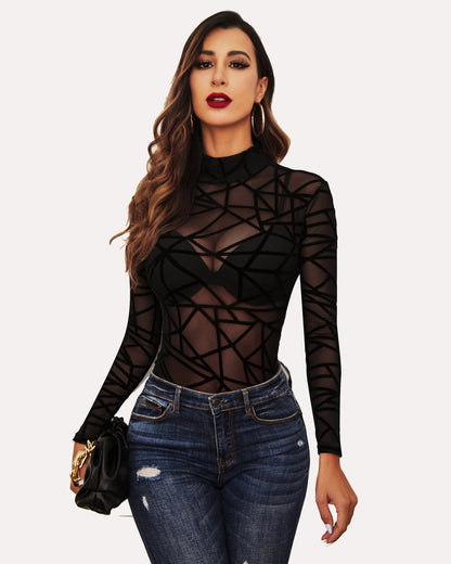 Rollkragen Mesh Bodysuit mit Geodruck Trikots