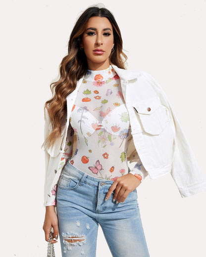 Rollkragen Mesh Bodysuit mit Geodruck Trikots