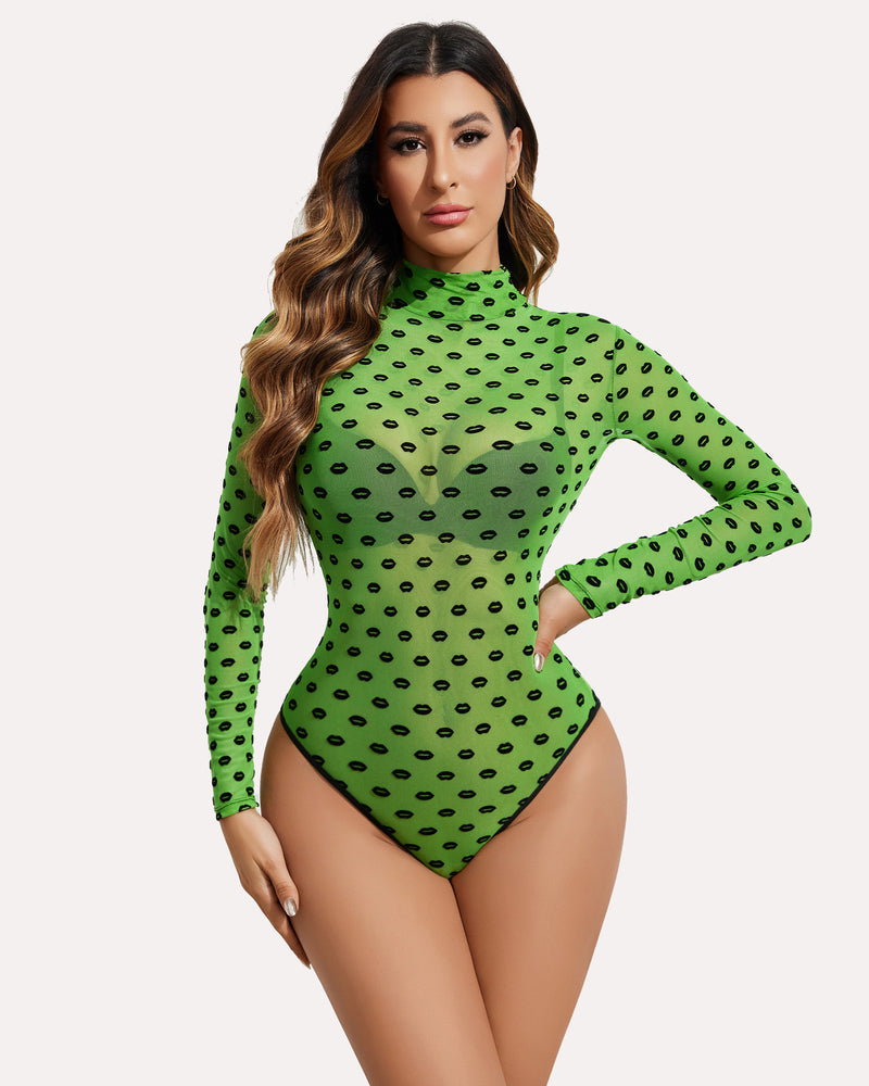 Rollkragen Mesh Bodysuit mit Geodruck Trikots