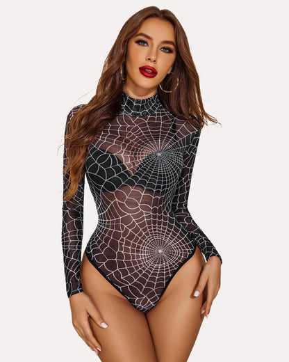 Rollkragen Mesh Bodysuit mit Geodruck Trikots
