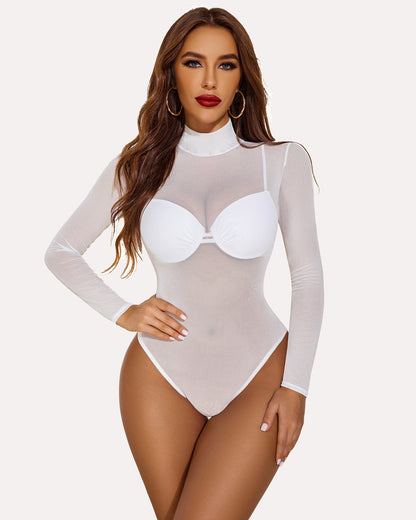 Rollkragen Mesh Bodysuit mit Geodruck Trikots
