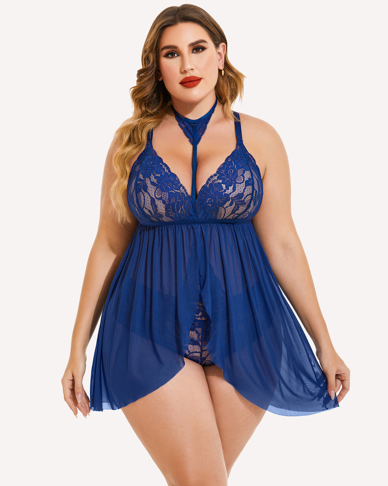 Plus Size Spitze Babydoll Mesh Choker Nachtwäsche