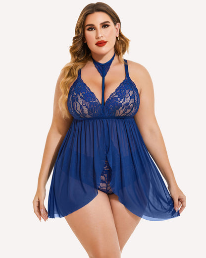 Plus Size Spitze Babydoll Mesh Choker Nachtwäsche