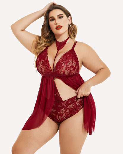 Plus Size Spitze Babydoll Mesh Choker Nachtwäsche