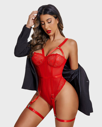 Exotischer Spitzen-Bodysuit mit Strapsgürtel