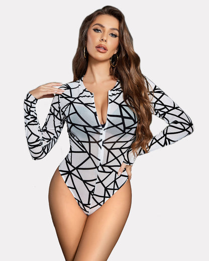Leoparden-Bodysuit mit durchsichtigem Reißverschluss