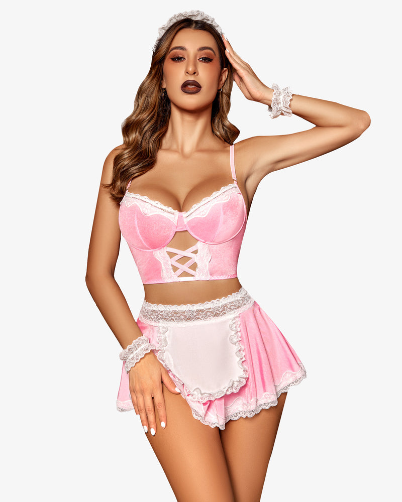 Contrast Lace Maid Kostüm Set (5 Teile)