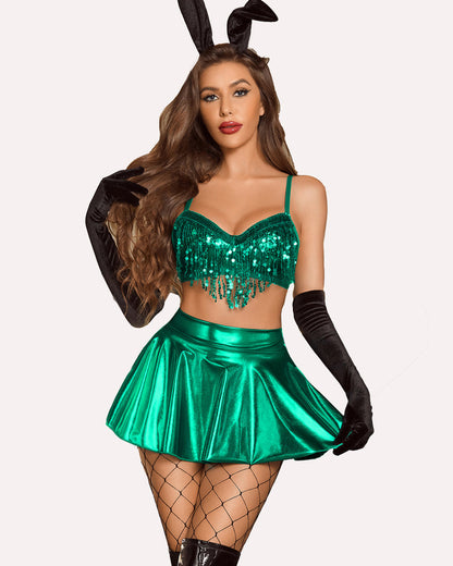 Rave Outfits Pailletten Fransen Kostüm Set