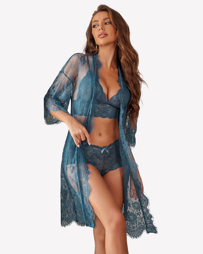 3-teilige BH- und Panty-Sets mit Bademantel