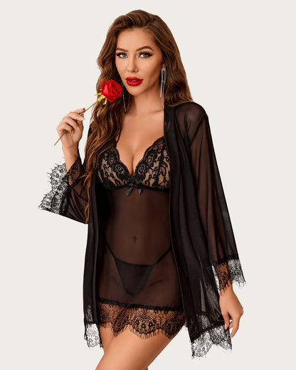 3 Stück Sets Mesh Robe mit Spitzenkleid