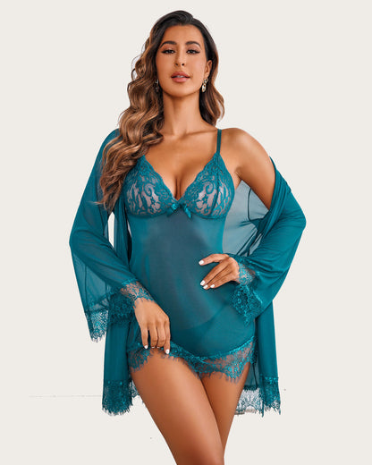 3 Stück Sets Mesh Robe mit Spitzenkleid