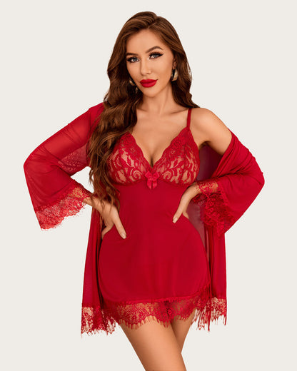 3 Stück Sets Mesh Robe mit Spitzenkleid