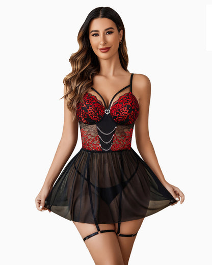 Spitzen-Babydoll Push Up mit Strumpfgürtel