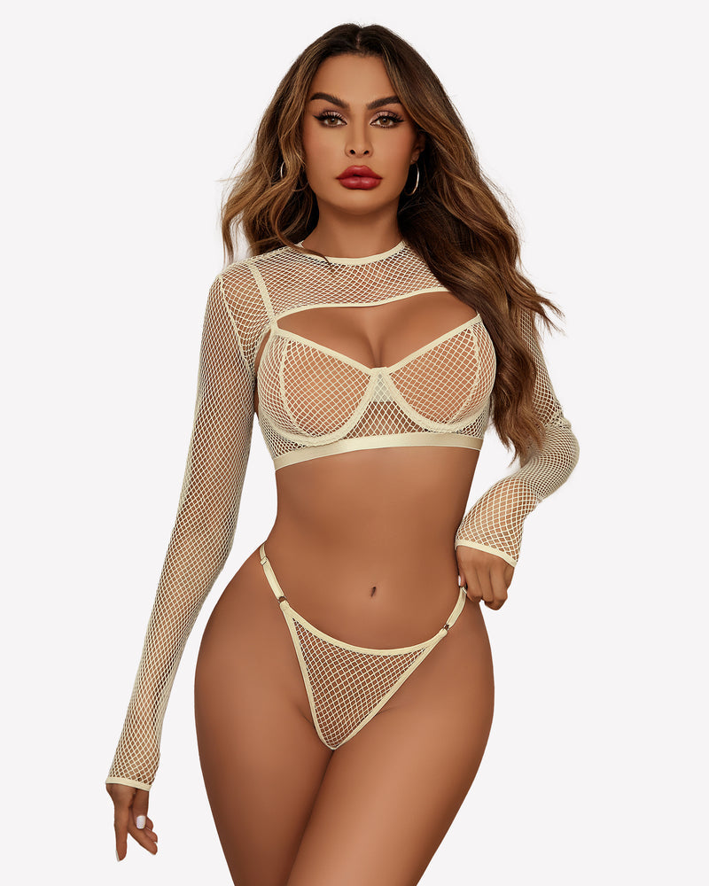 3 Stück Fischnetz Crop Sheer Sets