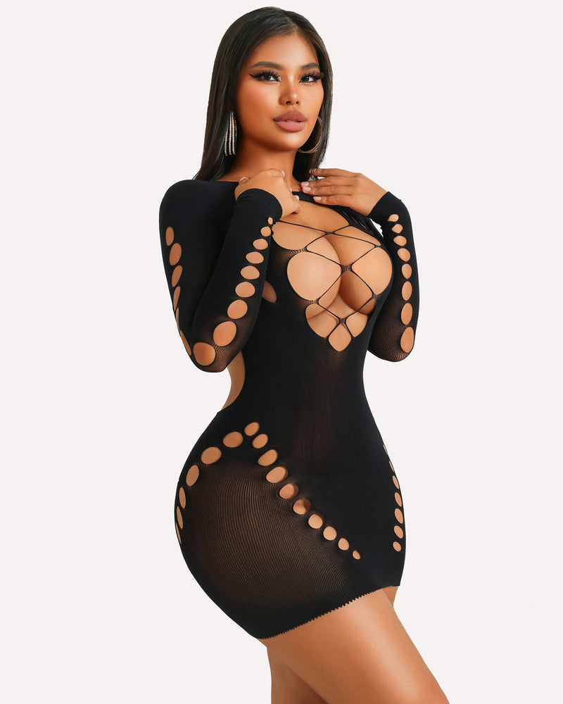 Fischnetz-Dessous Langärmeliges Mesh-Kleid