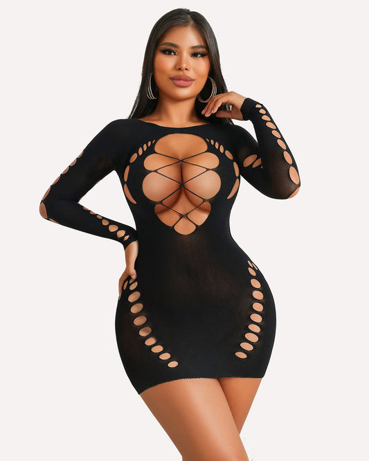 Fischnetz-Dessous Langärmeliges Mesh-Kleid