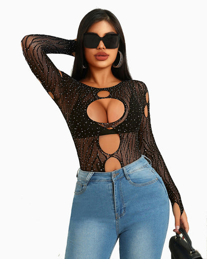 Strass Fischnetz-Bodysuits Mesh Top