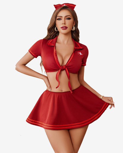Krankenschwester Cosplay mit Krawatte Top und Mini Faltenrock Set