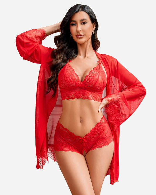 3 Stück Spitze Kimono Robe mit BH und Panty