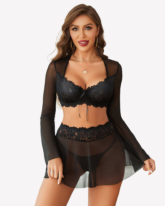 Dessous-Set aus kontrastierender Spitze und Mesh