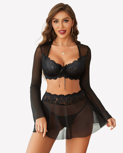 Dessous-Set aus kontrastierender Spitze und Mesh