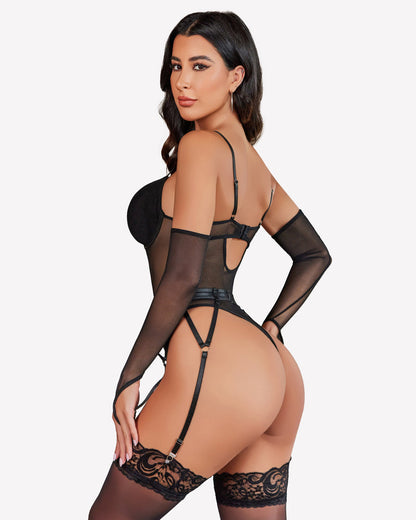 Mesh Garter Teddy mit 1 Paar Überärmel