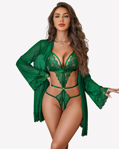 2er-Set Spitzen-Teddy mit Mesh-Bademantel