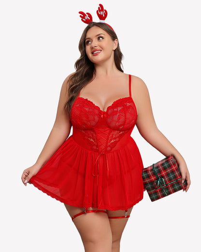 Plus Size Babydoll aus Spitze mit Strapsgürtel