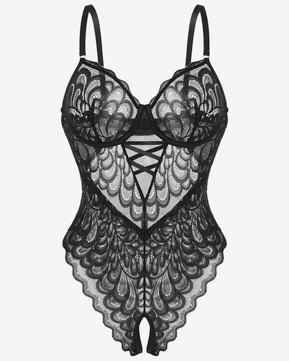 Spitze tief V Teddy Crotchless Bodysuits
