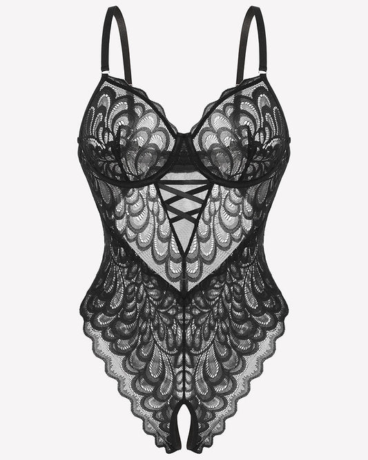 Spitze tief V Teddy Crotchless Bodysuits