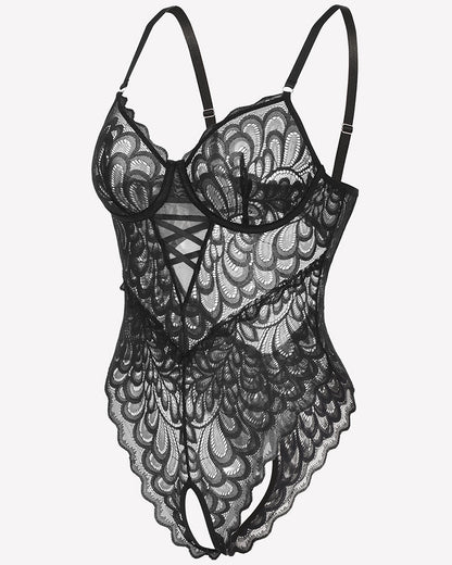 Spitze tief V Teddy Crotchless Bodysuits