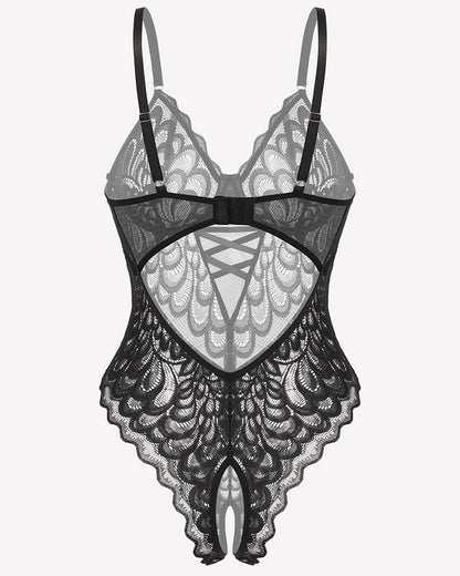 Spitze tief V Teddy Crotchless Bodysuits