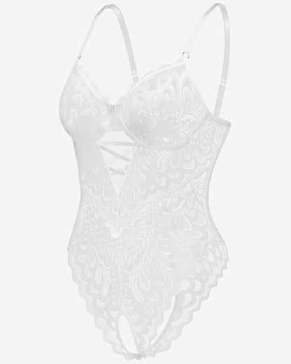 Spitze tief V Teddy Crotchless Bodysuits