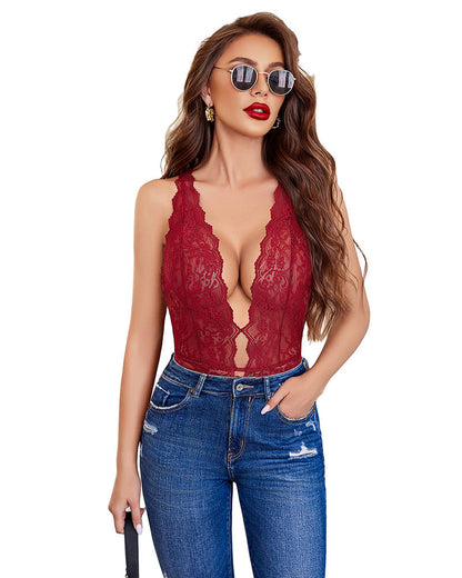 Bodysuit mit tiefem V-Ausschnitt aus Spitze
