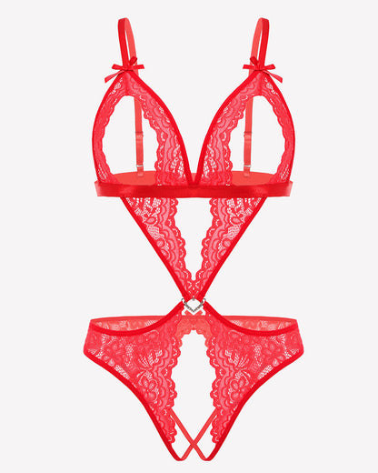 Tiefer V-Teddy-Bodysuit aus Spitze