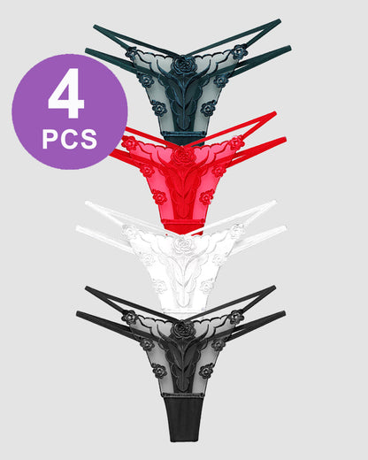 Rose Embroidery Thong Mesh Panties